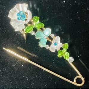Floral Brooch with Green and Blue Accents